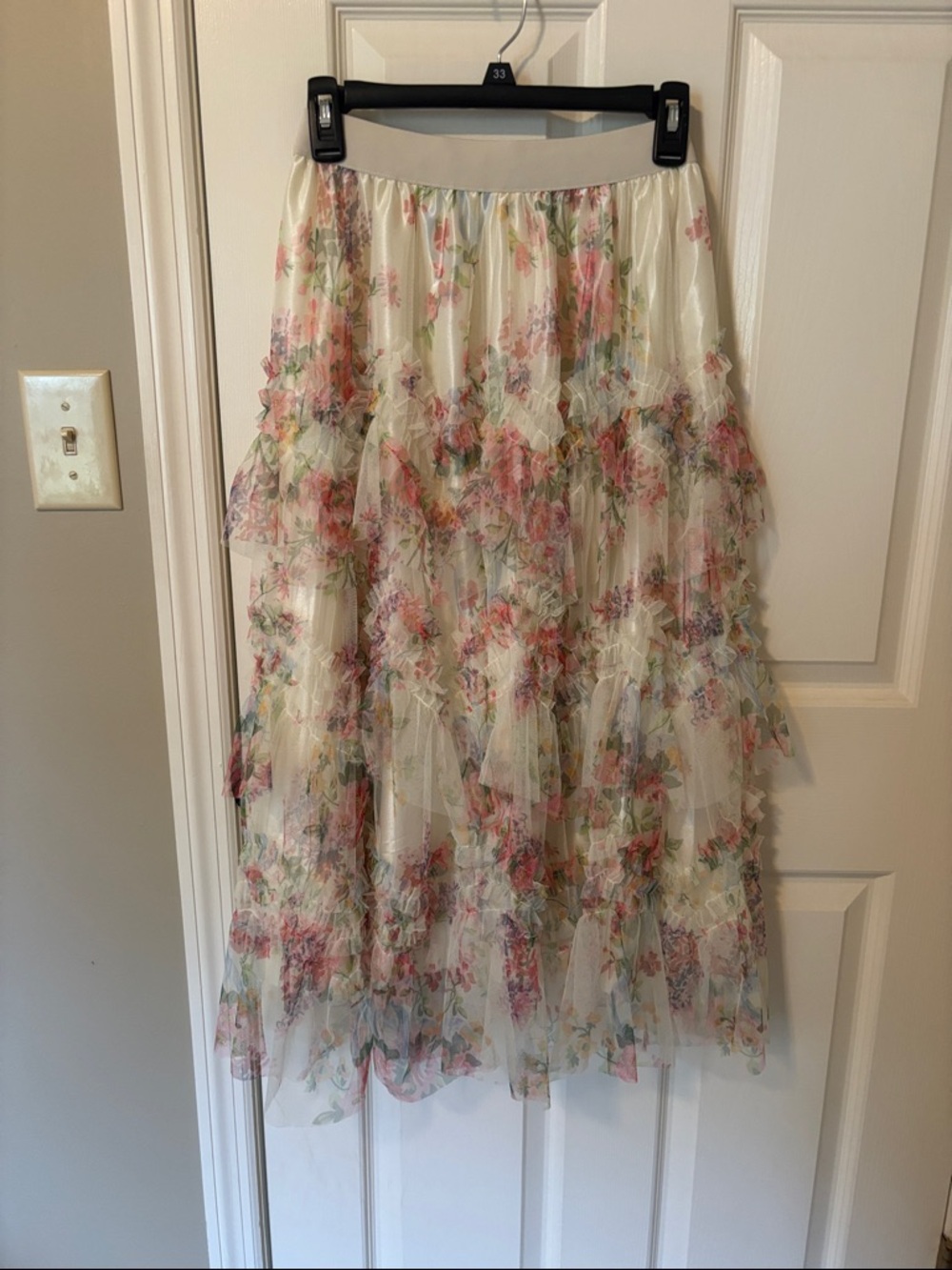 Floral Tiered Ruffle Maxi Skirt - Ivory with Pink & Green